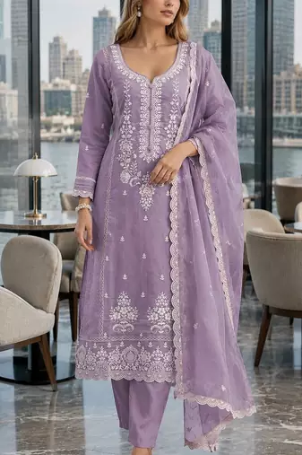 Light-lavender embroderied silk semi-stitched salwar suit