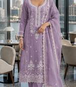 Light-lavender embroderied silk semi-stitched salwar suit