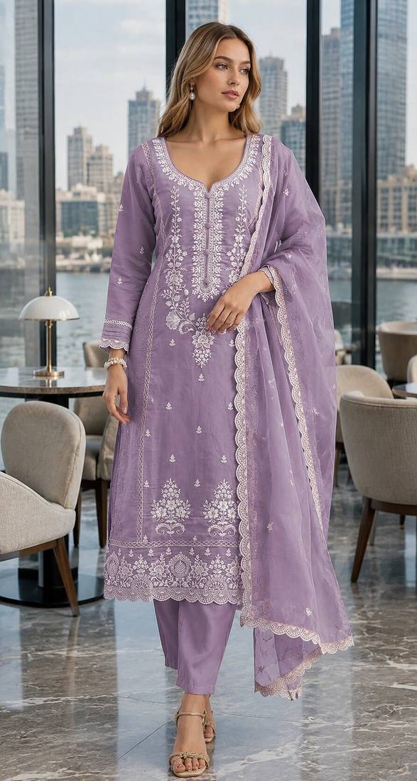 Light-lavender embroderied silk semi-stitched salwar suit