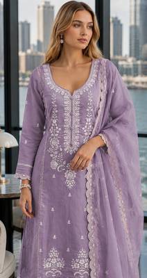 Light-lavender embroderied silk semi-stitched salwar suit 2