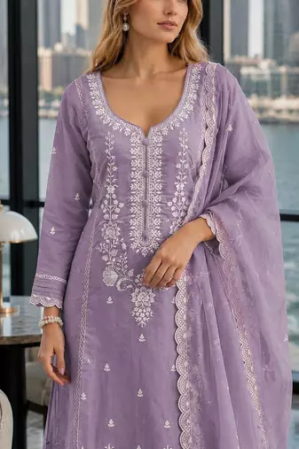 Light-lavender embroderied silk semi-stitched salwar suit