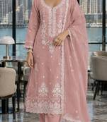 Peach embroderied silk semi-stitched salwar suit