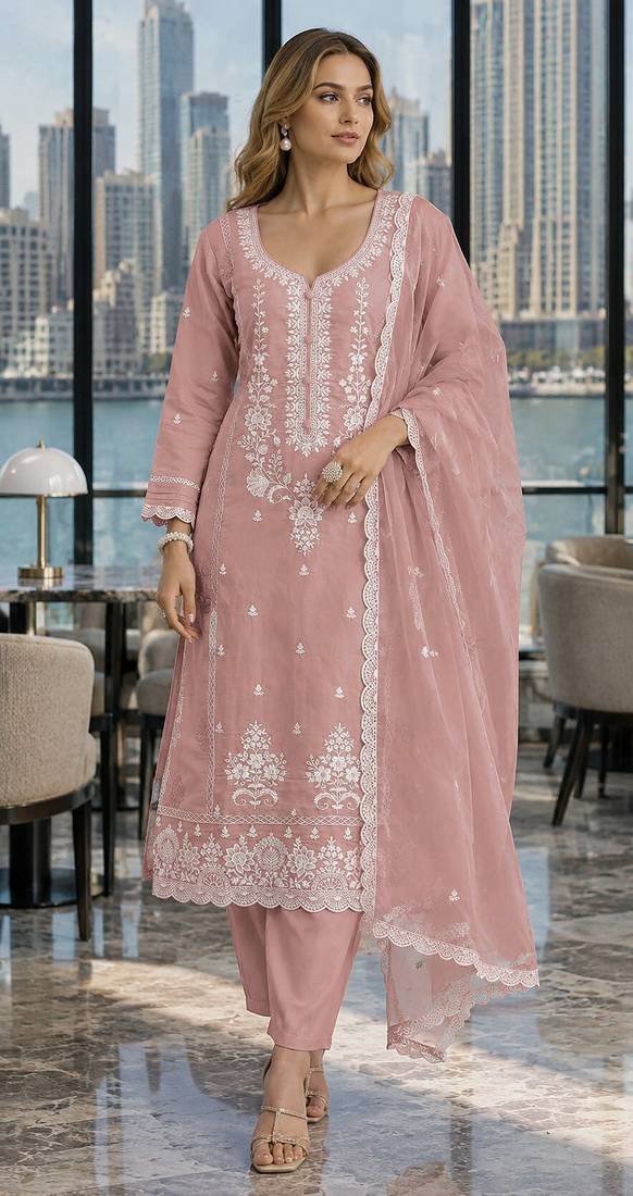 Peach embroderied silk semi-stitched salwar suit