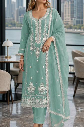 Light-green embroderied silk semi-stitched salwar suit