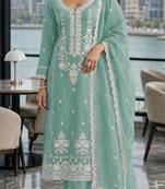 Light-green embroderied silk semi-stitched salwar suit