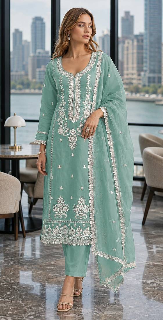 Light-green embroderied silk semi-stitched salwar suit