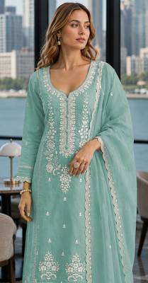 Light-green embroderied silk semi-stitched salwar suit 2