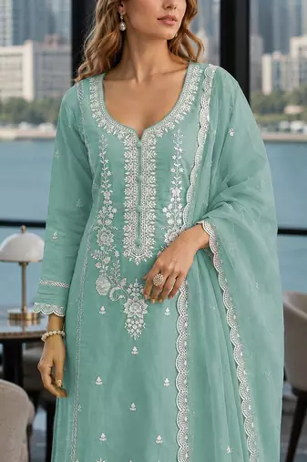 Light-green embroderied silk semi-stitched salwar suit