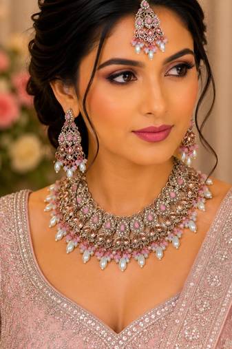 Beby pink color necklace set with earrings & maang tikka | kundan and agate stone | antique gold plating