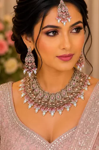Beby pink color necklace set with earrings & maang tikka | kundan and agate stone | antique gold plating