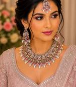 Beby pink color necklace set with earrings & maang tikka | kundan and agate stone | antique gold plating