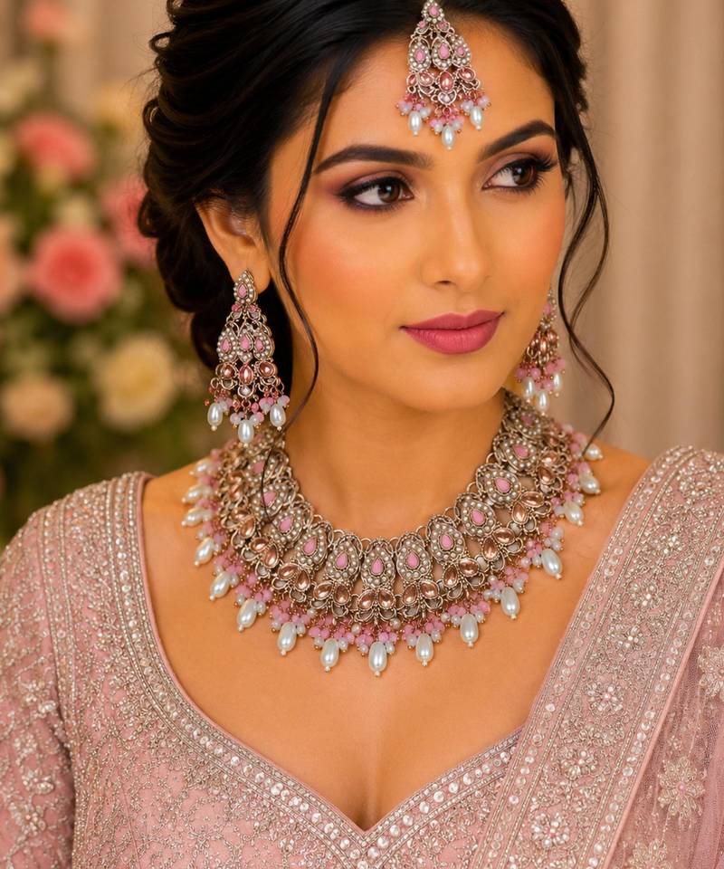 Beby pink color necklace set with earrings & maang tikka | kundan and agate stone | antique gold plating