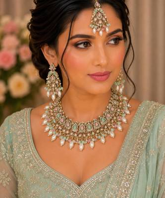 Pista pink color necklace set with earrings & maang tikka | kundan and agate stone | antique gold plating 4