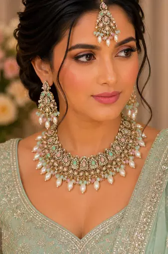 Pista pink color necklace set with earrings & maang tikka | kundan and agate stone | antique gold plating