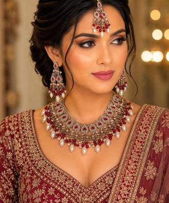 Maroon color necklace set with earrings & maang tikka | kundan and agate stone | antique gold plating 1