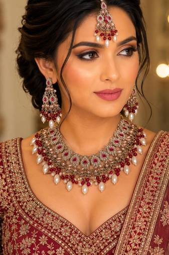 Maroon color necklace set with earrings & maang tikka | kundan and agate stone | antique gold plating