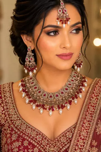 Maroon color necklace set with earrings & maang tikka | kundan and agate stone | antique gold plating