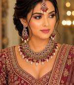 Maroon color necklace set with earrings & maang tikka | kundan and agate stone | antique gold plating
