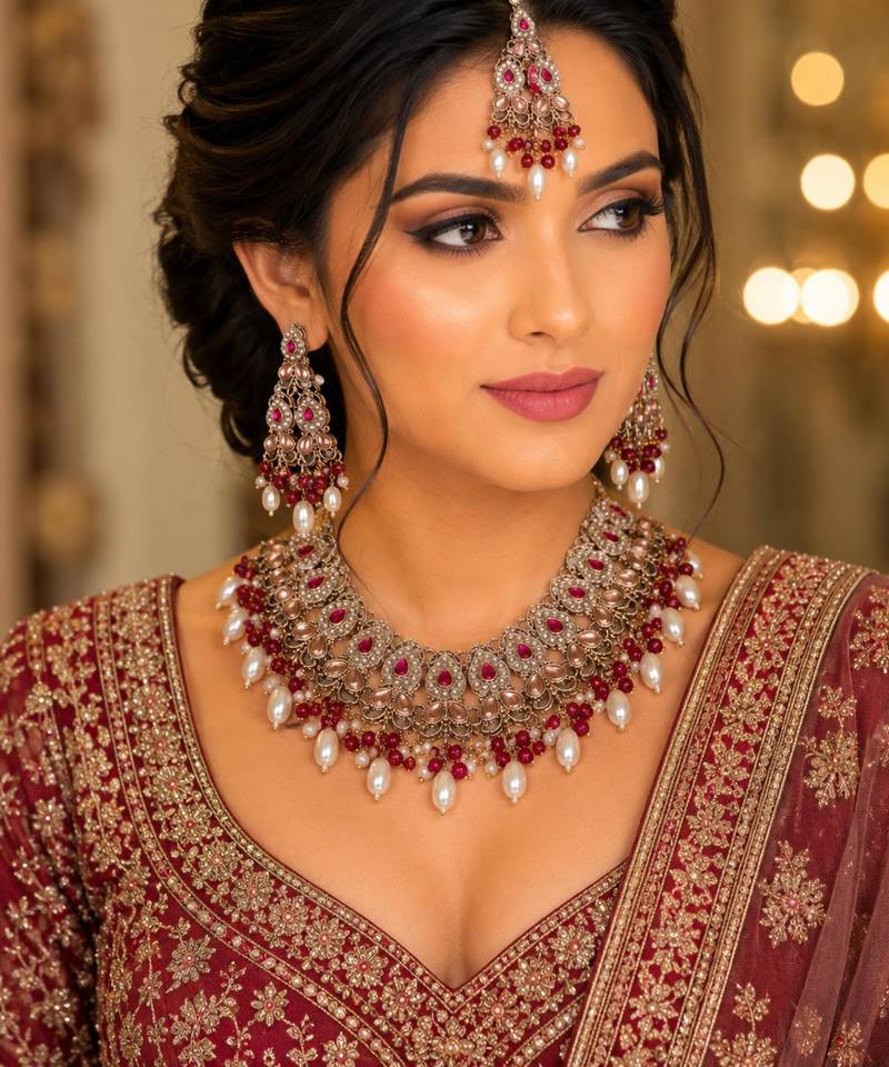 Maroon color necklace set with earrings & maang tikka | kundan and agate stone | antique gold plating
