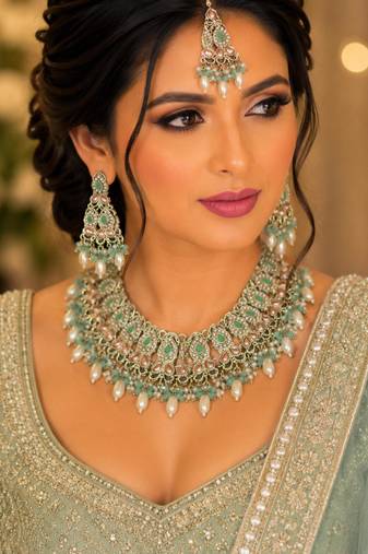 Pista color necklace set with earrings & maang tikka | kundan and agate stone | antique gold plating