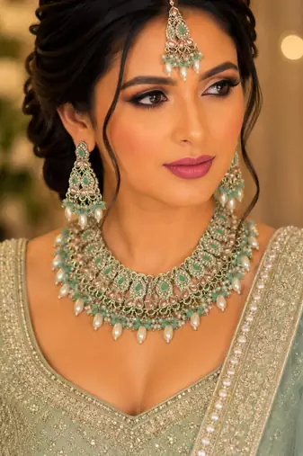 Pista color necklace set with earrings & maang tikka | kundan and agate stone | antique gold plating