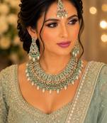 Pista color necklace set with earrings & maang tikka | kundan and agate stone | antique gold plating