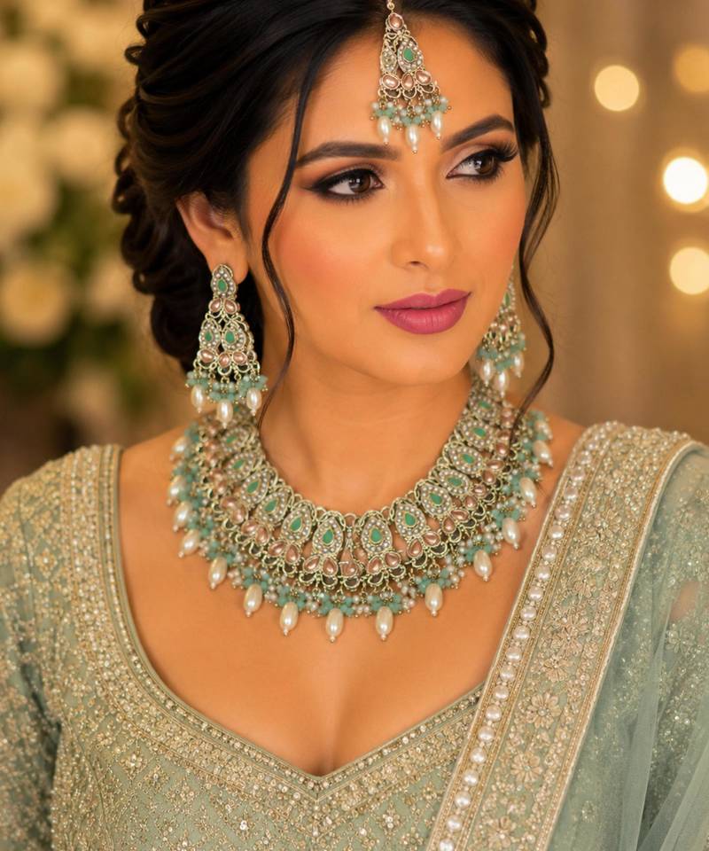 Pista color necklace set with earrings & maang tikka | kundan and agate stone | antique gold plating