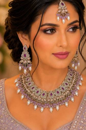 Purple color necklace set with earrings & maang tikka | kundan and agate stone | antique gold plating