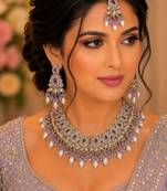 Purple color necklace set with earrings & maang tikka | kundan and agate stone | antique gold plating