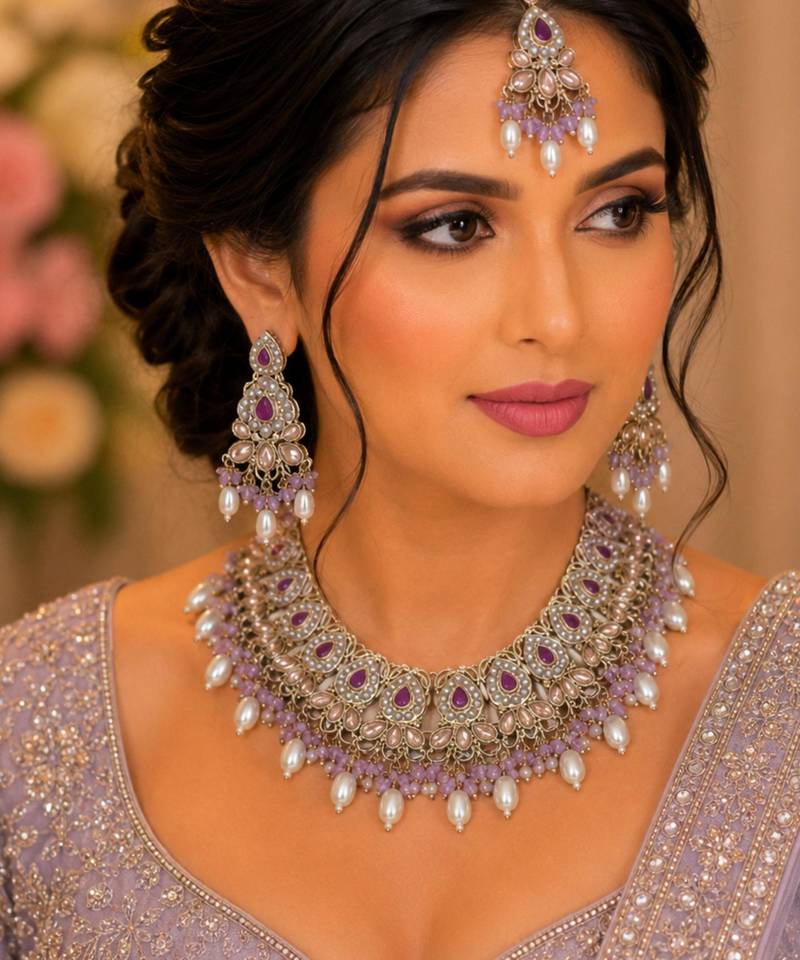 Purple color necklace set with earrings & maang tikka | kundan and agate stone | antique gold plating