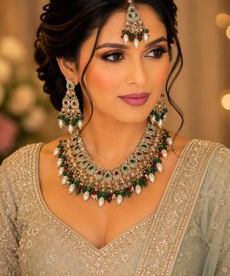 Maroon green color necklace set with earrings & maang tikka | kundan and agate stone | antique gold plating 4