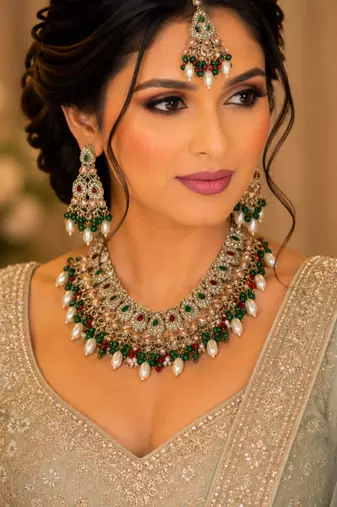 Maroon green color necklace set with earrings & maang tikka | kundan and agate stone | antique gold plating