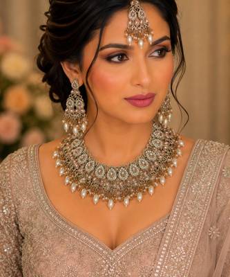 L c t color necklace set with earrings & maang tikka | kundan and agate stone | antique gold plating 4
