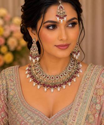 Majanta color necklace set with earrings & maang tikka | kundan and agate stone | antique gold plating 4