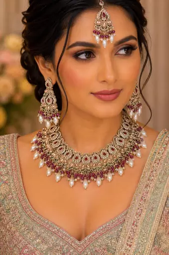 Majanta color necklace set with earrings & maang tikka | kundan and agate stone | antique gold plating