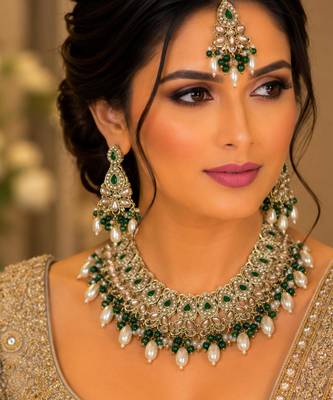 Green color necklace set with earrings & maang tikka | kundan and agate stone | antique gold plating 4