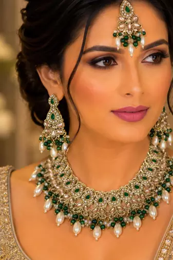 Green color necklace set with earrings & maang tikka | kundan and agate stone | antique gold plating