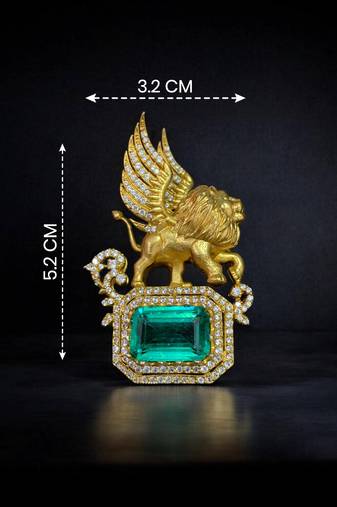 Royal winged lion emerald statement brooch pin in gold finish with crystal accents