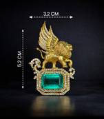 Royal winged lion emerald statement brooch pin in gold finish with crystal accents