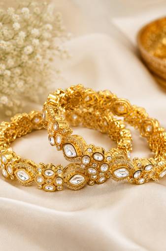 Elegant gold-toned kundan crystal floral bangle set for women