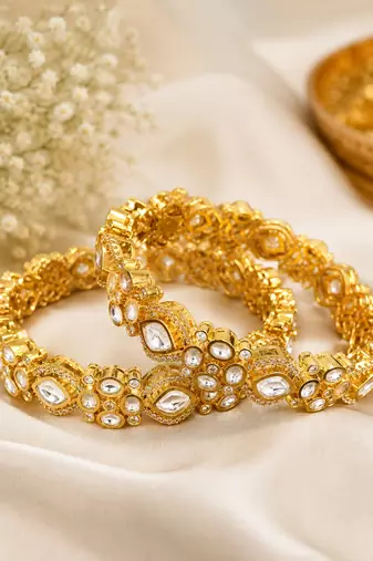 Elegant gold-toned kundan crystal floral bangle set for women