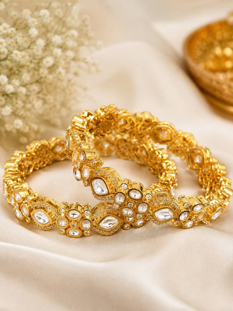 Elegant gold-toned kundan crystal floral bangle set for women