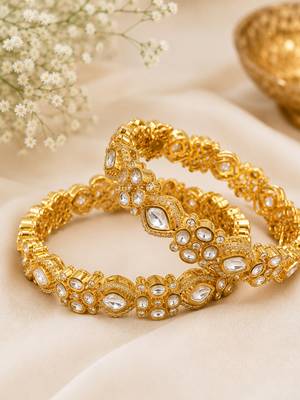 Elegant gold-toned kundan crystal floral bangle set for women 2
