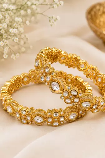 Elegant gold-toned kundan crystal floral bangle set for women