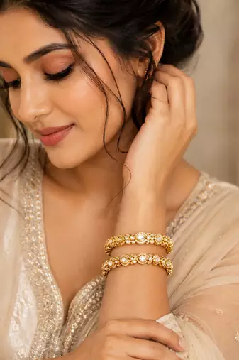 Elegant gold-toned kundan crystal floral bangle set for women