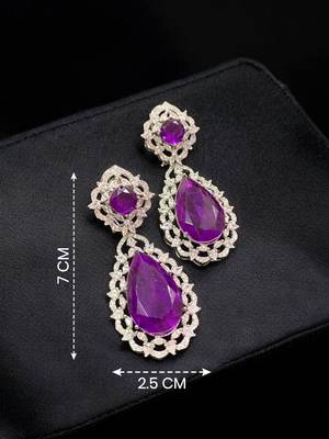 Royal purple teardrop crystal long drop earrings with silver-tone floral cz design 1