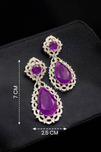 Royal purple teardrop crystal long drop earrings with silver-tone floral cz design