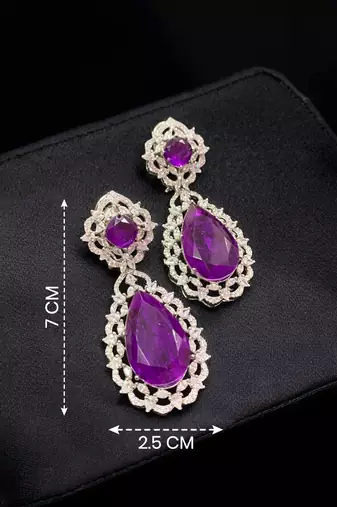 Royal purple teardrop crystal long drop earrings with silver-tone floral cz design