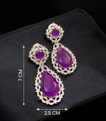 Royal purple teardrop crystal long drop earrings with silver-tone floral cz design