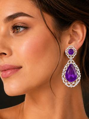 Royal purple teardrop crystal long drop earrings with silver-tone floral cz design 2